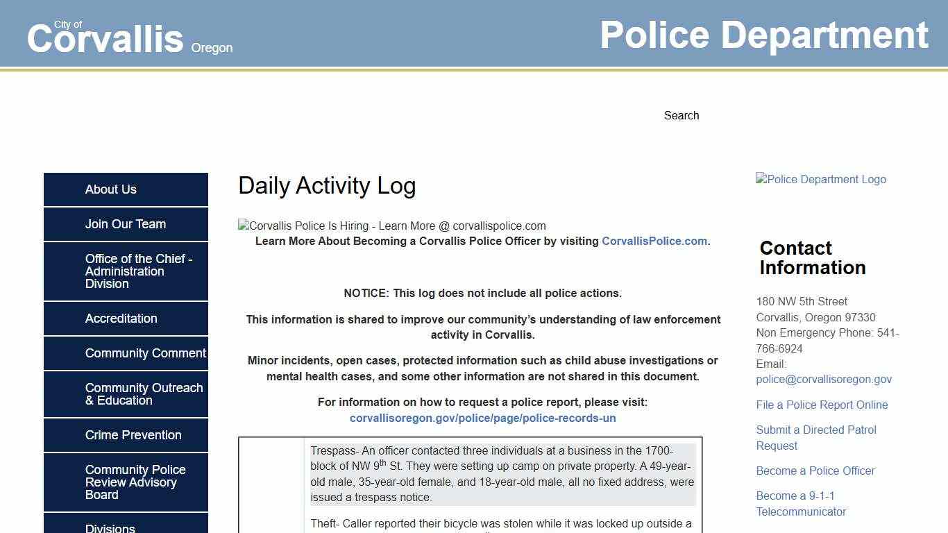 Daily Activity Log | Corvallis Oregon